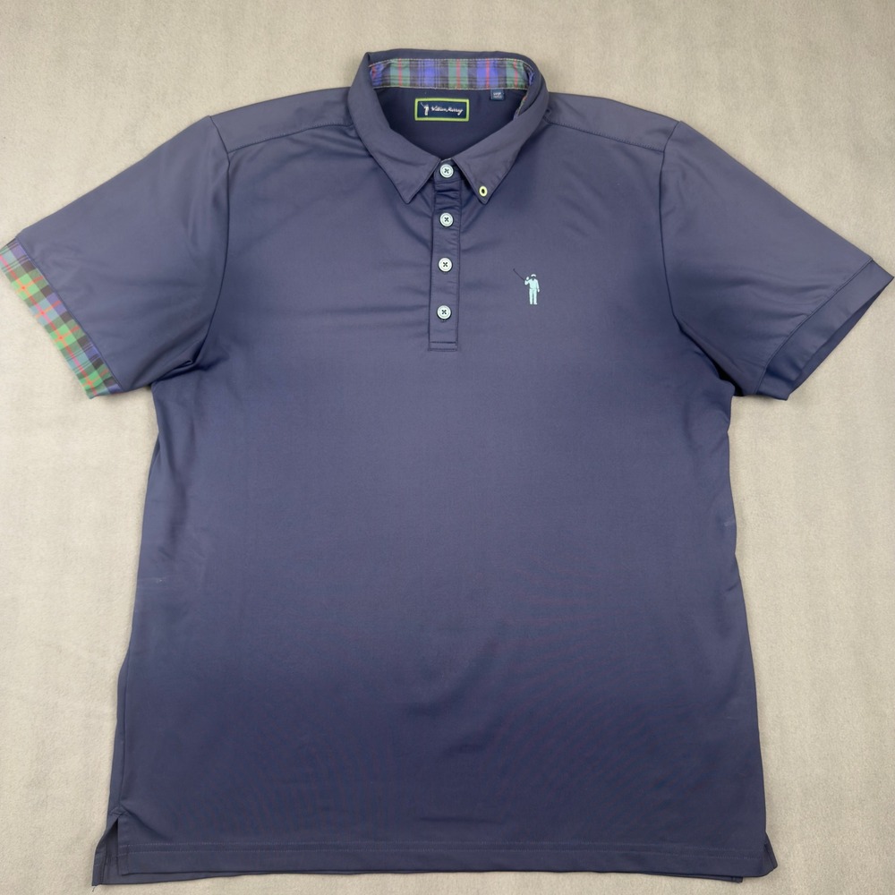 William Murray Golf Navy Blue Plaid Trim Performance Polo Shirt Mens Large